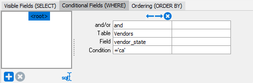 The where tab. From the vendors table, vendor state has been added with the condition equal to C A for California.